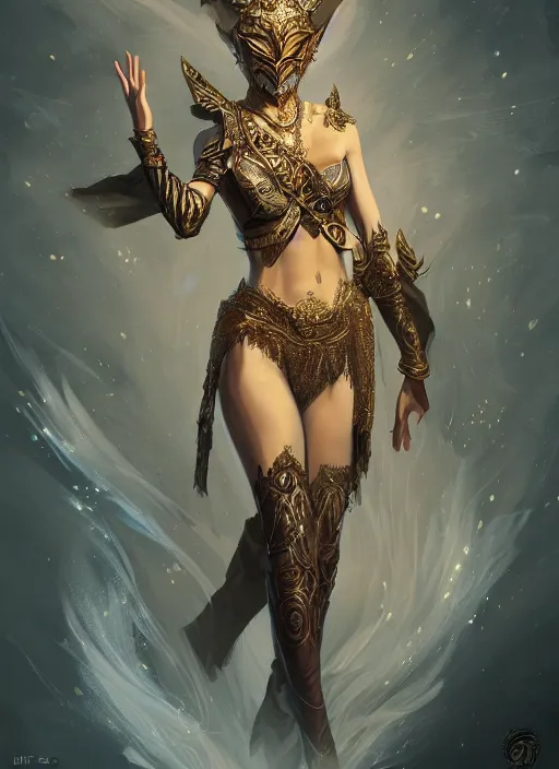 Image similar to a highly detailed illustration of a masked elegant elf arabian dancer, gracefully belly dancing pose, waving arms, intricate, elegant, highly detailed, centered, digital painting, artstation, concept art, smooth, sharp focus, league of legends concept art, WLOP