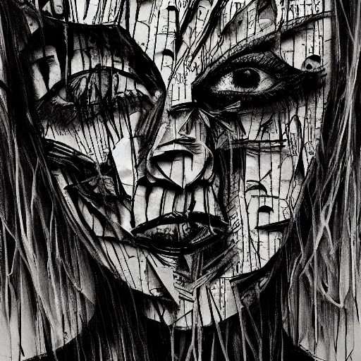 Prompt: multiple faces shredded like paper news screaming, dark horror, surreal, drawing, painting,