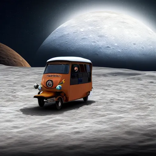 Image similar to a dark auto rickshaw traveling on the surface of the moon, moon craters, night sky, milky way, hard lighting, matte painting, concept art, 4k