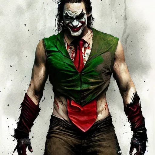 Prompt: jason momoa as joker, full body, dynamic pose, painted by greg rutkowski