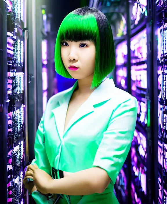 Image similar to asian girl, neon green bobbed and bowl cut hair, standing in a server room, wearing business casual dress, 4 k, vaporwave, cinecolor, perfect detail, realism