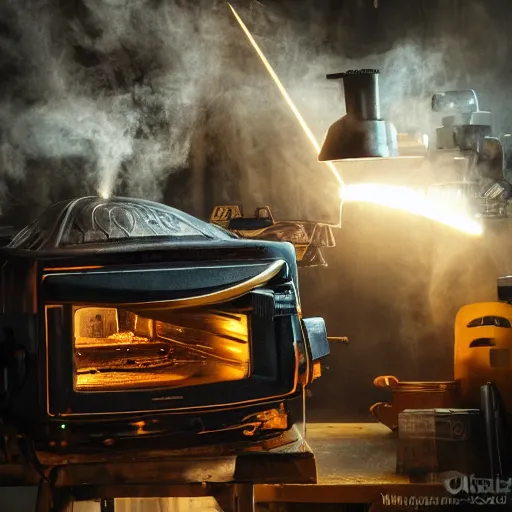 Image similar to cyborg toaster oven repairman, dark messy smoke - filled cluttered workshop, dark, dramatic lighting, orange tint, sparks, plasma rays, cinematic, highly detailed, sci - fi, futuristic, movie still, rule of thirds composition