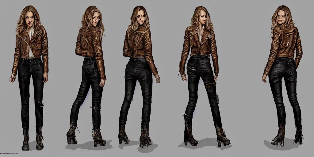 Image similar to full body portrait halston sage as a tattooed wanderer, wearing scratched and ripped short leather jeans, wearing an aviator jacket, character sheet, fine details, props, concept design, contrast, kim jung gi, greg rutkowski, trending on artstation, 8 k, full body, turnaround, front, back, ultra wide angle