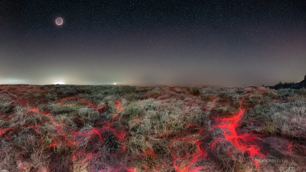 Prompt: Nikon D810 | ISO 800 | focal length 20mm (Voigtländer 20mm f3.5) | Aperture f/9 | Exposure Time 1/20 Sec (DRI 8k ultra realistic night time photography of a mystical cosmic night sky with red smoke and, a perfect big full moon!!!, A glimpse through a small gap in the dark green dense foliage!!!! and overgrowth and the trees!! of the huge full moon over water in a dark sky. wreathed in red smoke!!!, mist, starlight, night-time, volumetric lighting, dark enclosed, cozy, quiet forest night scene, spangled, cosmic