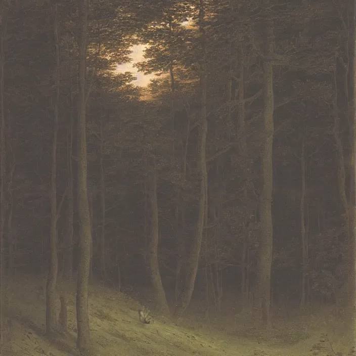 Prompt: painting of a woman lost in the woods by caspar david friedrich, at night