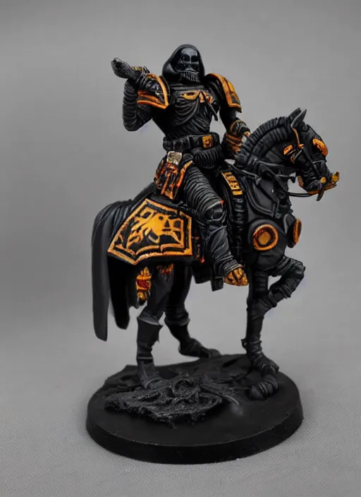Image similar to 8 0 mm resin detailed miniature of a warhammer 4 0 k grim reaper, riding a black horse, bloody, product introduction photos, 4 k, full body,