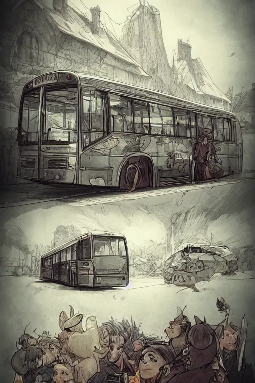 Image similar to bus illustration by jean baptiste monge trending on artstation