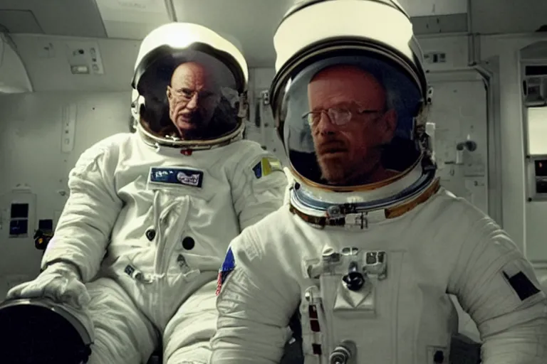 Image similar to astronaut without arms talking with Walter White, movie screenshot, detailed, realistic, clean composition