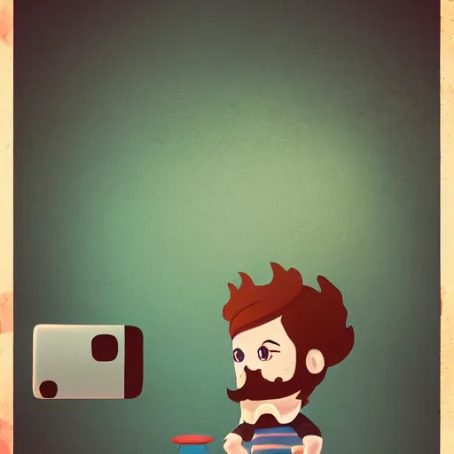 Image similar to cute cartoon character, curled perspective, digital art, baby girl, smiling beard grandpa taking photo, old photo camera, anton fadeev