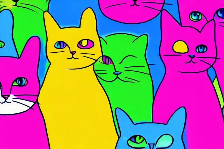 Prompt: bright, colurful, cartoon cats, facing directly, hypersaturated, various colors, ultra detailed, 8 k