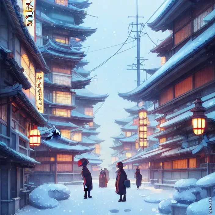 Image similar to japanese big city, winter, in the style of studio ghibli, j. c. leyendecker, greg rutkowski, artem