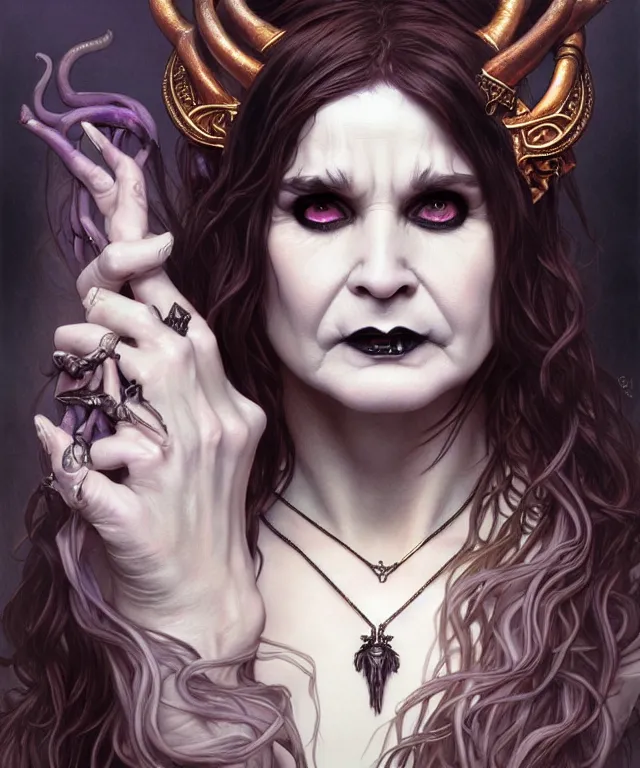 Image similar to ozzy osborne as a gothic female fantasy satyr, portrait, fantasy, intricate, elegant, highly detailed, digital painting, artstation, concept art, smooth, sharp focus, illustration, art by artgerm and greg rutkowski and alphonse mucha