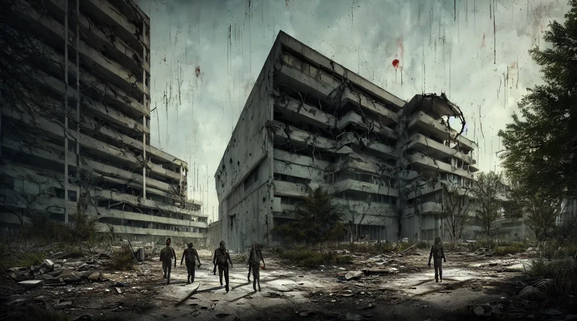 Image similar to post apocalyptic hospital building, survivors walking, morning, building, avenue, modern contemporary urban americana concrete architecture, by pascal blanche, neil blevins, apocalyptic color palette, trending on artstation, photorealistic, wilderness ambiance, ultra detailed, high definition, depth of field, bokeh, rubble, wild vegetation, blood stains, building crumbling