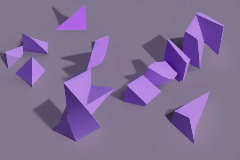 Image similar to clay rendering of simple angular geometric shapes with sharp edges, the shapes are made of matte plastic, matte material, small fluorescent tube lights illuminate the shapes, cool purple grey lighting, cgi, ambient occlusion, masterwork, instagram, 3 d design, advertising visualization, splash page, widescreen 4 k
