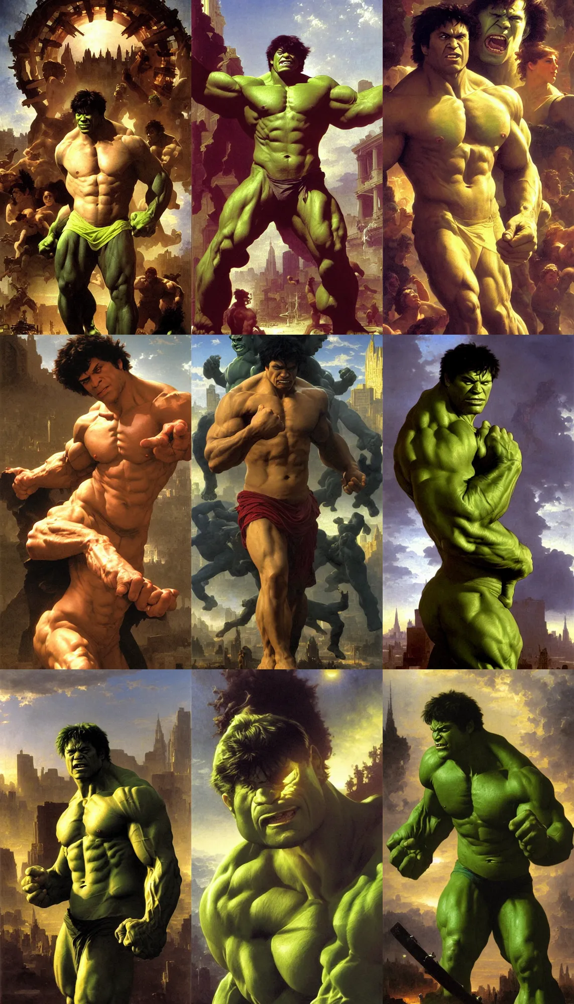 Prompt: portrait of the incredible hulk, detailed painting, city background, epic scene, epic lighting, by bouguereau