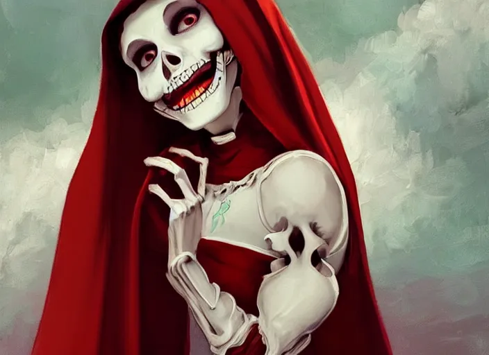 Prompt: cute & beautiful smiling mexican undead skeleton girl with red lips dressed as a very attractive nun looking at the viewer, elegant, digital art, fantasy, pixar style, painting, pin up, highly detailed, artstation, art by artgerm, vrubel, boris vallejo and ilya kuvshinov