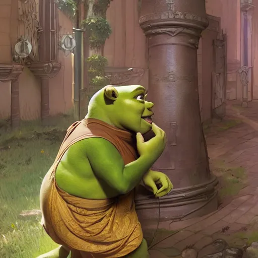 Image similar to shrek wearing jellaba playing hide and seek with the neighbors, highly detailed, digital painting, artstation, concept art, smooth, sharp focus, illustration, art by artgerm and greg rutkowski and alphonse mucha
