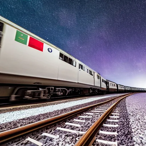 Image similar to A train going through space, 4K, professional photography