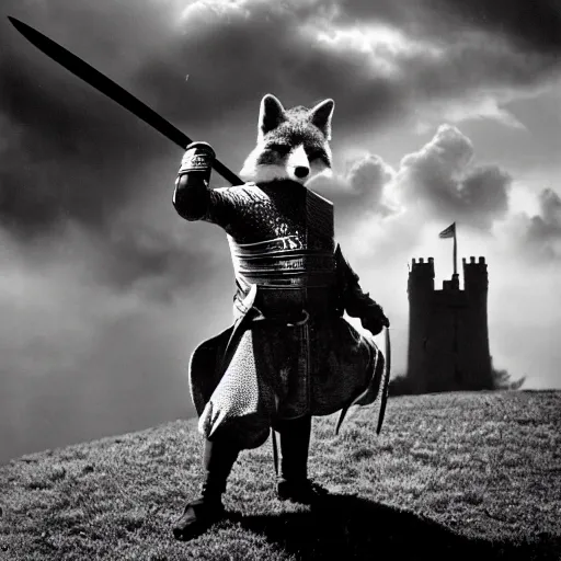 Image similar to anthropomorphic fox who is a medieval knight holding a sword towards a stormy thundercloud 1 9 3 0 s film still, castle in the background, being shown in a theatre