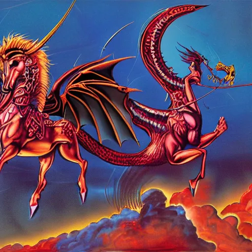 Prompt: album art for an 1980's glam rock band with a Pegasus ad a dragon, concept art