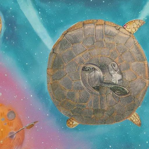 Image similar to a solar system orbiting around a turtles head, artwork by Michael Böhme