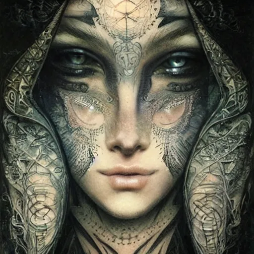 Image similar to Extreamly beautiful Eyes, Luis Royo, tattooed face, Hypnotic Eyes, Emotional Eyes, by Annie Swynnerton and Nicholas Roerich and jean delville, glowing paper lanterns, strong dramatic cinematic lighting , ornate tiled architecture, lost civilizations, smooth, sharp focus, extremely detailed