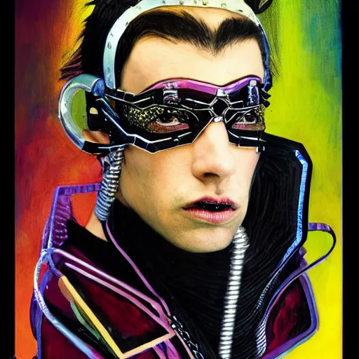 Prompt: an award finning and amazing portrait by akseli kallen gallela and john howe of a male cyberpunk punk rocker clothed in excessively fashionable 8 0 s haute couture fashion and wearing geometric face paint