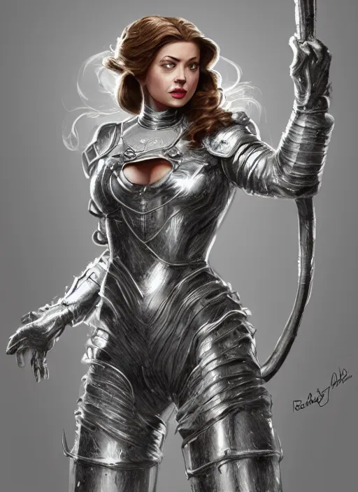 Prompt: beautiful female dorothy gale, rebecca romijn as dorothy, full body character concept, covered in full silver armor, armor plating, art nouveau, nordic, super powers, fantasy, intricate, elegant, highly detailed, digital painting, artstation, concept art, shining, sharp focus, illustration, art by stanley lau