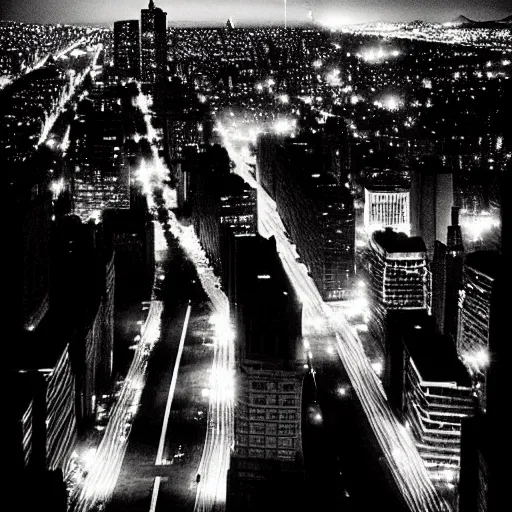 Prompt: award winning canon 1 8 mm wide view photograph looking down from a ridge at a metropolitan city at night, by michael kenna