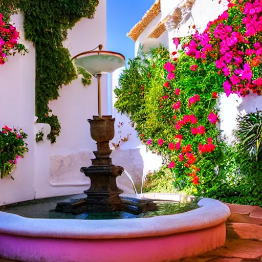 Image similar to surrealist andalusian patio with white tall arches, beautiful roses flowers and ropes on the walls, fountain inside, sunny vivid light, colorful composition, photographic details wide lens, intricate details