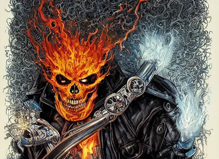 Image similar to a highly detailed beautiful portrait of ghost rider, flaming skull, ( marvel ) penance stare, james gurney, james jean