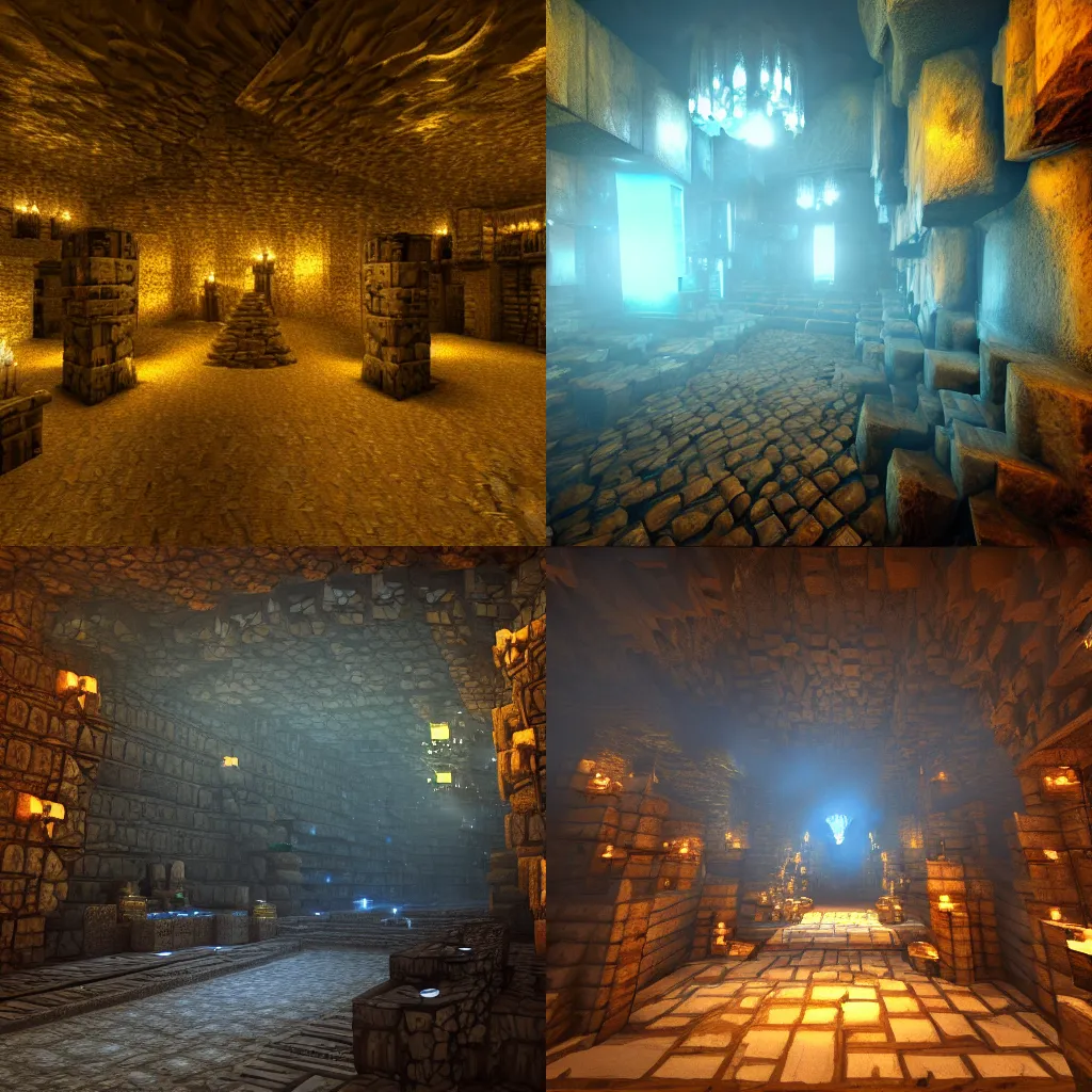 Prompt: halls of a dwarven kingdom, massive underground cavern, crystal-powered lights, gold ingots, cinematic lighting, mines, light blue lighting, minecart tracks, artstation