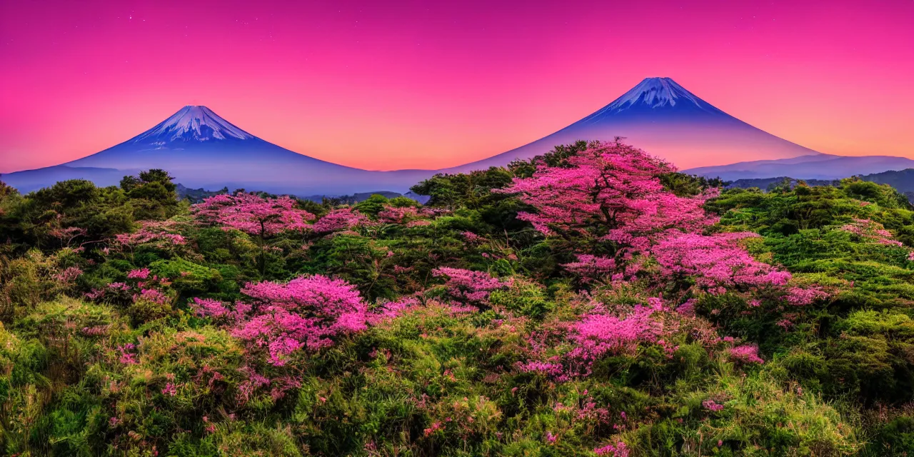 Prompt: a pink sunset with mt fuji, eucalyptus trees, stars in the sky, waterfall, pond, hilly meadows with flowers, cinematic lighting, hd 4 k photo