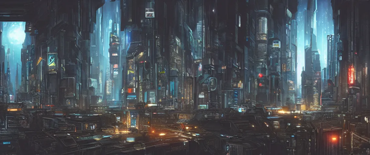 Prompt: detailed cyberpunk city at night, with a huge black hole from interstellar in the sky, digital painting concept art, by Ralph Mcquarrie, highly detailed, trending on artstation, dark