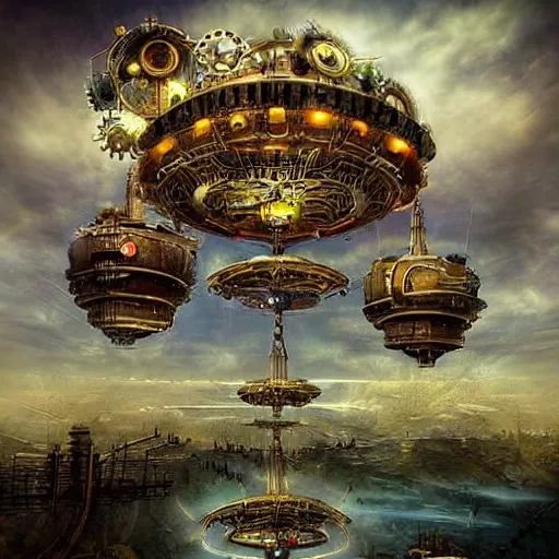 Prompt: flying city in a mechanical flower, sky!, fantasy art, steampunk, masterpiece, behrens style