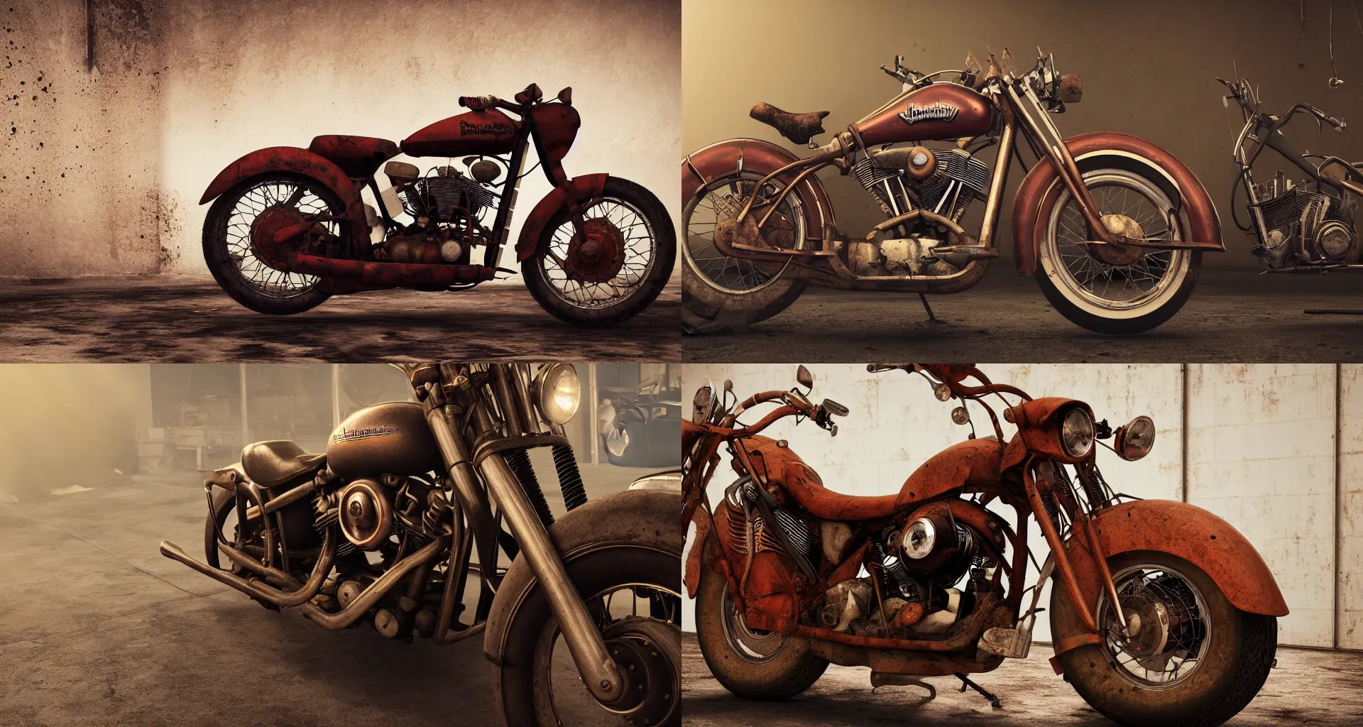 Prompt: a Close up photograph of a rusty 1950's Harley Davidson in a repair shop, soft lighting, crepuscular rays, realistic octane render, 8k, ultra detailed, concept art