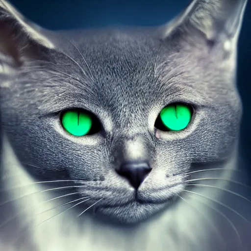 Image similar to portrait of grey cat with big green eyes in the space with nebulae, realistic painting, high definition, digital art, matte painting, very detailed, realistic