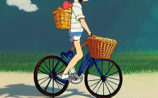 Prompt: a young filipino girl riding a bike with a basket, art by hayao miyazaki, studio ghibli film, hi res, 4k