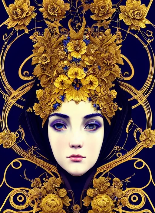 Image similar to beautiful black blue yellow, complicated gold and blue flowers in baroque style headwears, dark fantasy, intricate, elegant, highly detailed, digital painting, artstation, concept art, matte, 3 d 8 k octane rendered, sharp focus, illustration, octane rendered, art by artgerm and alphonse mucha, leesha hannigan