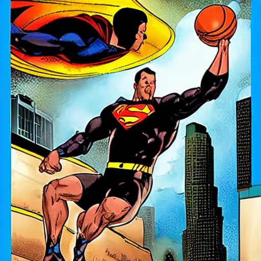 Prompt: black adam from dc comics dunking a basketball over superman on a city court at midnight. a major magical lightning storm in the sky.