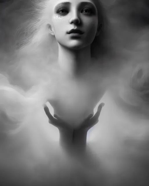 Image similar to monochrome, dreamy, subsurface scattering, white, young beautiful goddess in cosmos with very long white hair floating in air, fluid smoke art, black and white, octane render, dino valls, mark ryden, joe fenton, michal karcz, highly detailed, rim light, art, cinematic lighting, very coherent, hyper realism, 8 k