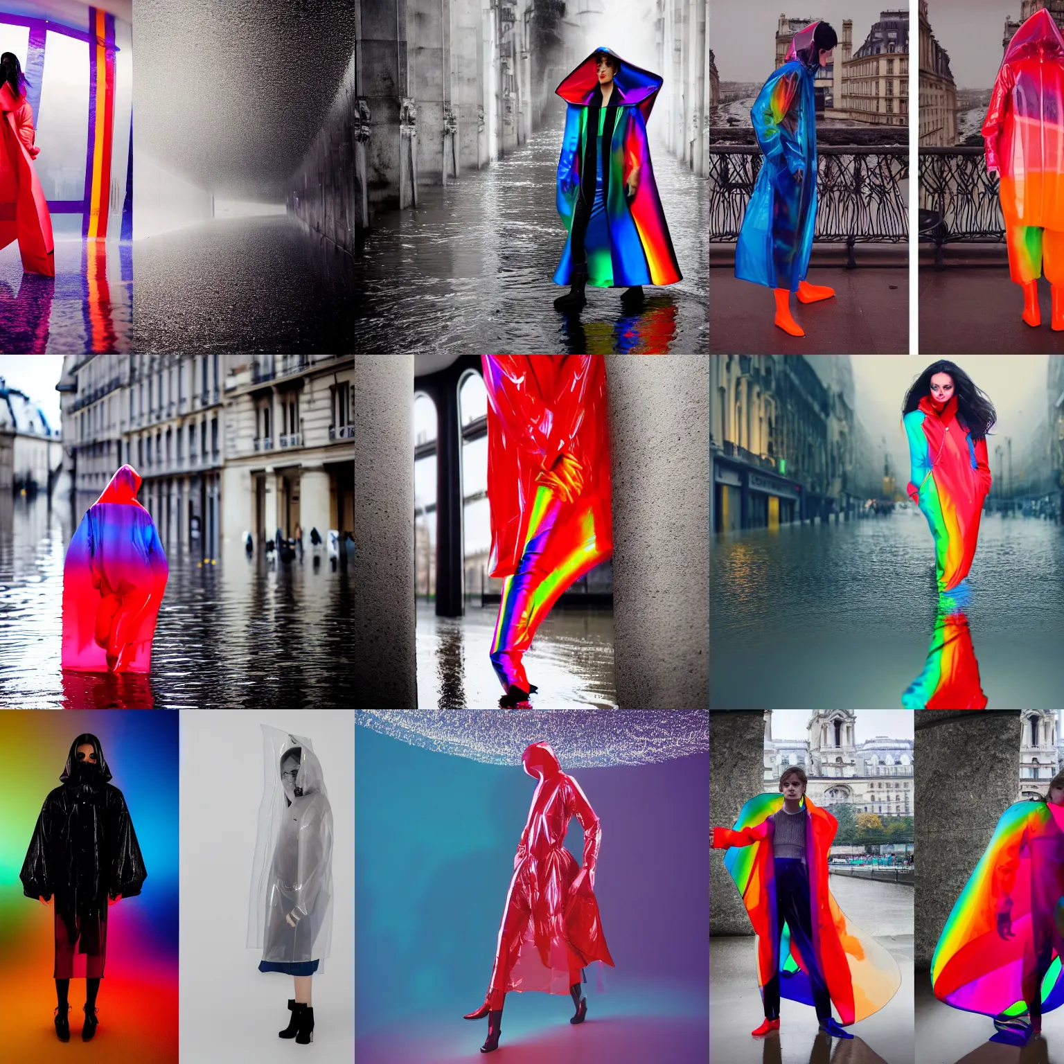 Prompt: Fall lookbook fashion photoshoot of unusual model dancing in waist high in heavy nighttime paris floods, water to waste, wearing a translucent red refracting rainbow diffusion wet plastic zaha hadid designed specular highlights raincoat by Nabbteeri, épaule devant pose, ultra realistic, Kodak , 4K, 75mm lens, underwater perspective, chiaroscuro