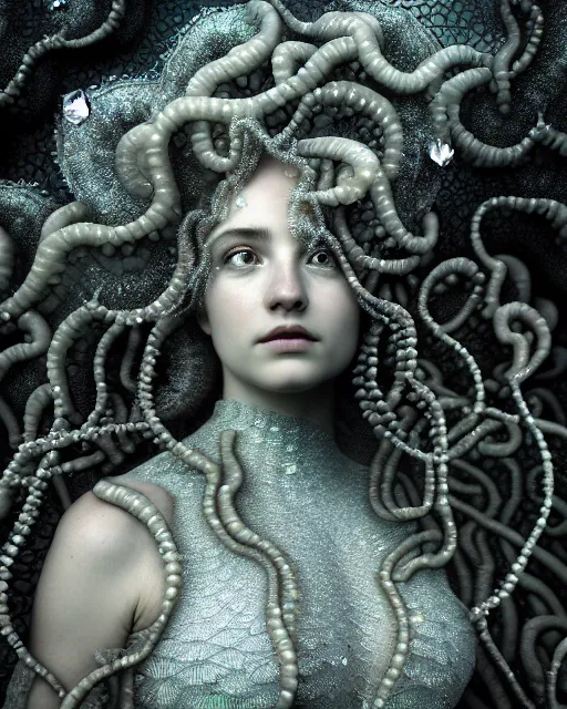 Image similar to surreal mythical dreamy underwater artistic bw photo of a beautiful young female angelic - medusa - cyborg covered with fish scales and algae, highly detailed, intricate crystal ivy jelly fish scales ornate, poetic, octane render, 8 k, photo - realistic, in the style of gustave dore and preraphaelites