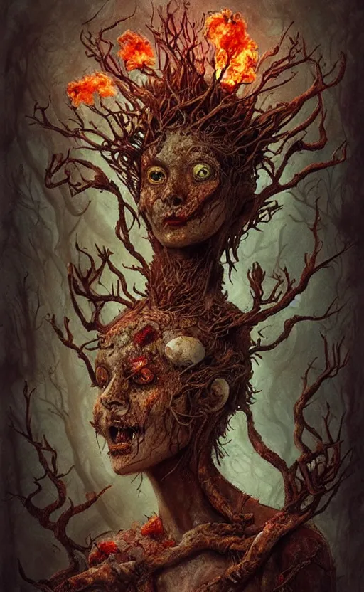 Image similar to rotten tree spirit dryad with a beautiful face and flaming mouth and eyes, mushrooms, fungi, lichen, sketch lines, graphite texture, old parchment, guillermo del toro concept art, justin gerard monsters, intricate ink illustration