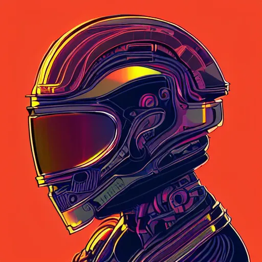 Prompt: helmet lion cyberpunk made of yellow lava and fire in angga tantama and wahyudi ramadhani style, profile portrait, robotic, digital illustration, vector art, drawing