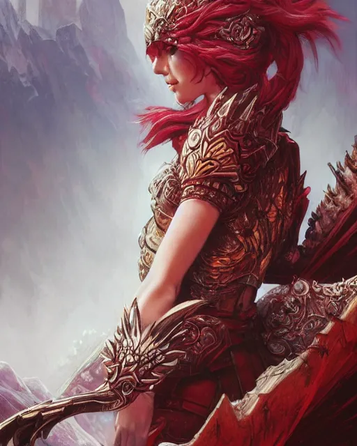 Image similar to Portrait of a Fantasy crimson knight, moonlit, HD, illustration, epic, D&D, fantasy, intricate, elegant, highly detailed, digital painting, artstation, concept art, smooth, sharp focus, illustration, art by artgerm and greg rutkowski and alphonse mucha, monster hunter illustrations art book