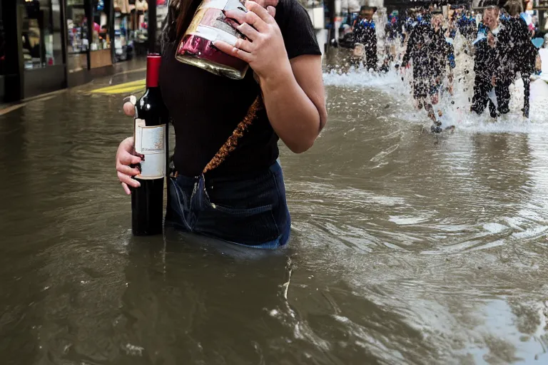 Prompt: closeup portrait of a woman carrying bottles of wine over her head in a flood in Rundle Mall in Adelaide in South Australia, photograph, natural light, sharp, detailed face, magazine, press, photo, Steve McCurry, David Lazar, Canon, Nikon, focus