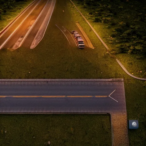 Image similar to drone fottage of an old abandoned road lomography photo, playstation 5 screenshot, fine details, rain, rtx reflections, soviet suburbs, fog, night, photorealistic, unreal engine, octane render, volumetric light, featured on cg society, 4 k, 5 0 mm bokeh