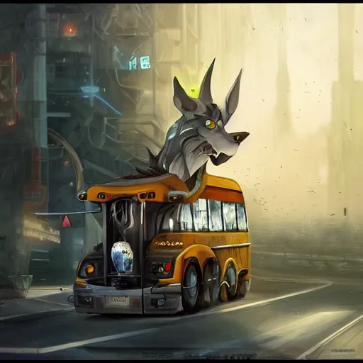 Image similar to Transformer hybrid of bus and wolf, having cabin if form of wolf head with big yellow eyes looking at us and long body of bus with wheels and windows, mechanical form of life, oil on canvas, fantasy, magic, illusion, digital painting, concept art, smooth, sharp focus, illustration, artstation trending, octane render, unreal engine, Ghibli, anime style, cyberpunk