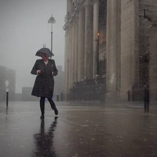 Prompt: margaret thatcher in rain rain rain drenched moist, hyper realistic cinematic color still volumetric lighting london background